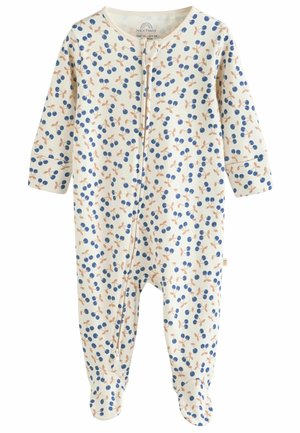 Baby romper gemaakt van zacht materiaal, crème achtergrond met een klein blauw en roze kersenbloesempatroon, lange mouwen, met voetjes en met ritssluiting.