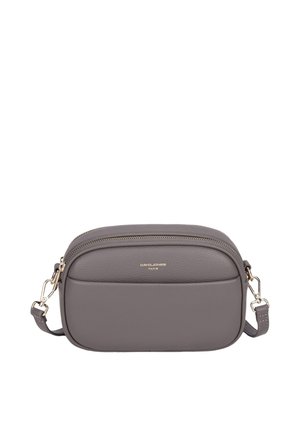 Kleine graue Leder-Umhängetasche mit Vordertasche, goldenem Reißverschluss und abnehmbaren Riemen-Clips, Marke David Jones Paris.