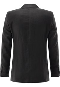 Black blazer featuring a smooth texture, single back vent, notched lapels, and buttoned cuffs, designed with a tailored fit.