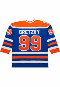 Blau-orange Eishockey-Trikot mit weißen Streifen, Nummer 99 auf den Ärmeln und dem Rücken, sowie dem Namen "Gretzky" über der Nummer.