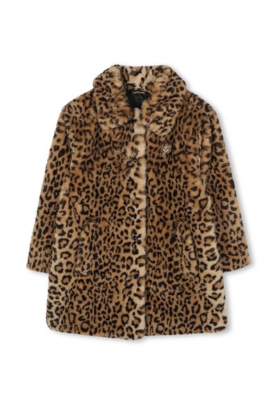 Leopard print faux fur coat with a collar, button closure, and two front pockets. Brown and black coloration with a soft texture.