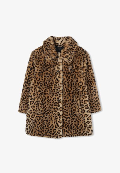 Płaszczyk z futra sztucznego w panterkę z kołnierzem, zapięciem na guziki i dwoma przednimi kieszeniami. Brązowo-czarna kolorystyka o miękkiej fakturze.