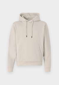 Felpa leggera color beige chiaro realizzata in tessuto morbido, con tasca a marsupio, cordini, polsini a costine e vestibilità rilassata.