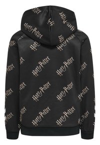 Felpa nera con cappuccio caratterizzata da un logo "Harry Potter" stampato in oro metallico su tutta la superficie. Include un cappuccio con cordino e polsini e orlo a coste.