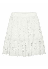 Vit bomullskjol med broderade blommönster, en lagerdesign och en scalloped nederkant. Resårmidja för komfort.