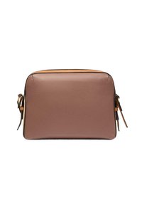 Braune Leder-Umhängetasche mit rechteckiger Form, Reißverschluss oben und seitlichem Quasten-Detail. Mit kontrastierenden hellbraunen Akzenten.