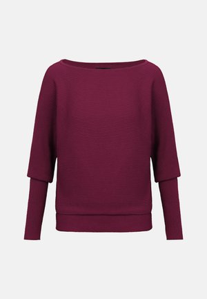 Pull côtelé bordeaux avec un col large et des manches trois-quarts. Texture douce, coupe décontractée, et couleur unie sans motifs.