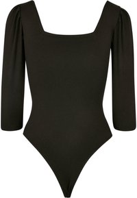 Svart langermet bodysuit med firkantet utringing, slim fit, laget av glatt materiale med høyt snitt og detaljert opprullet erm.
