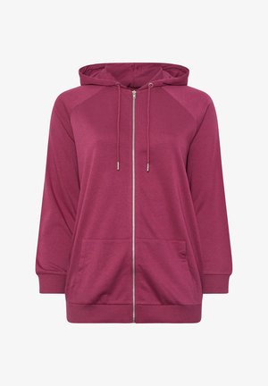 Sudadera con capucha de cremallera completa en color rosa intenso con bolsillos delanteros, capucha con cordón, puños y cintura acanalados, mostrada sobre un fondo blanco liso.