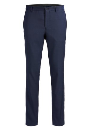 Navy blue trousers made of smooth fabric, featuring a button closure, slim fit design, and standard pockets.