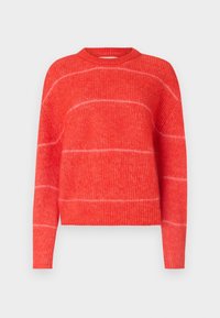 Punainen villaneule pyöreällä kaula-aukolla, pitkillä hihoilla ja tekstuurimallisella pinnalla, jossa on vaaleampia vaakaraitoja. Pehmeä neulottu pinta.