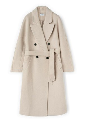 Beige wollen blend dubbelzijdige jas met grote geklepte revers, zwarte knopen, zijzakken en een bijpassende riem in de taille.