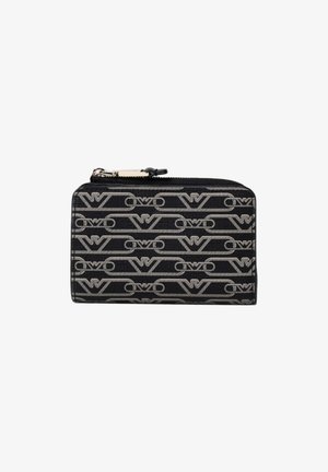 Portefeuille zippé noir présentant un motif de logo gris en relief, de forme rectangulaire, en tissu texturé, et avec une fermeture éclair en métal argenté.