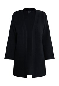 Schwarze Strickjacke aus weichem Stoff. Offene Front ohne Verschlüsse, Dreiviertelärmel und lässige Passform. Glatte Textur und leicht im Gewicht.