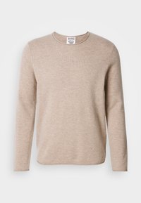 Beige Langarmpullover aus weichem Stoff mit Rundhalsausschnitt und geradem Saum. Verfügt über ein strukturiertes Strickmuster und ein minimalistisches Design.