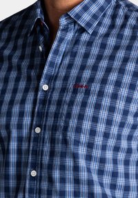 Blauwe geruite shirt met witte en lichtblauwe strepen, knopenlijst aan de voorkant, contrasterende binnenkraag en klein rood geborduurd logo op de borstzak.