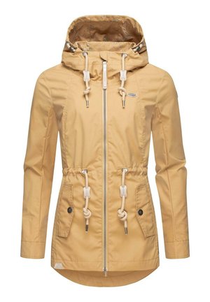 Gelbe wasserdichte Jacke mit Reißverschluss vorne, verstellbare Kapuze, Kordelzugbund, zwei Seitentaschen und einem gemusterten Innenfutter.