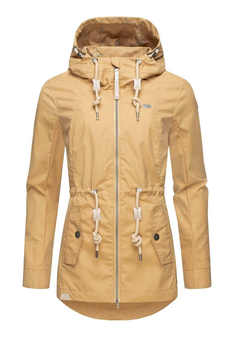 Żółta wodoodporna kurtka z zamkiem z przodu, regulowanym kapturem, ściągaczem w talii, dwoma bocznymi kieszeniami i wzorzystą podszewką.