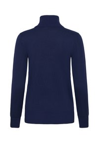 Pull à col roulé bleu marine, tissu tricoté, coupe ajustée, manches longues, poignets et ourlet côtelés, texture lisse, design minimaliste.