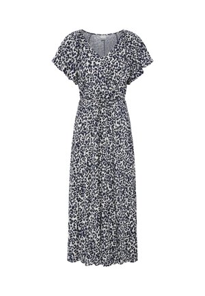 Vestido largo con mangas cortas con volantes, escote en V, cintura con lazo y patrón de leopardo en blanco y negro.