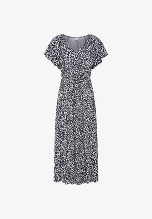 Sukienka maxi z krótkimi, falującymi rękawami, dekoltem w szpic, paskiem w talii oraz wzorem w czarno-białe cętki lamparta.