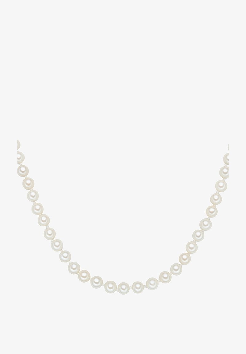 Collar de perlas blancas que presenta perlas redondeadas de tamaño uniforme, ensartadas con un hilo delgado y transparente, mostrando un acabado liso y brillante.