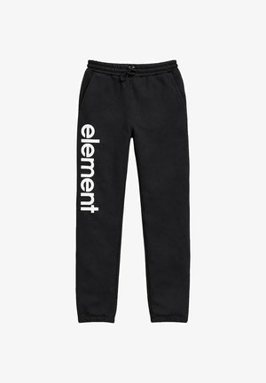Pantaloni della tuta neri con fascia elastica in vita e alle caviglie, tasche anteriori e logo verticale bianco "element" sulla gamba sinistra.