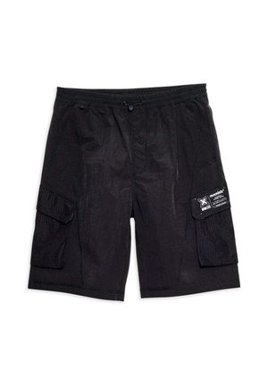 Sorte cargo shorts lavet af tekstureret stof, med en elastisk talje og to sidelommer med klapper og detaljeret syning.