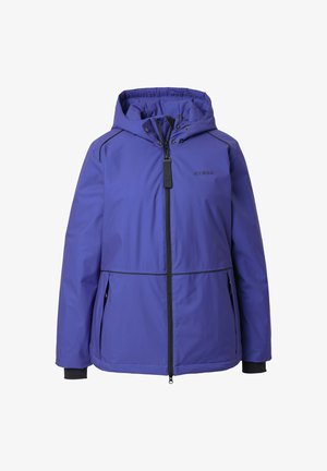 Paarse waterdichte jas met capuchon, voorzien van een ritssluiting, zwarte accenten, twee zijzakken en elastische manchetten.