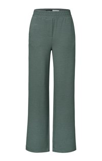 Groene, wijde broek met een gestructureerd, geribbeld patroon. Heeft een elastische tailleband en een relaxte pasvorm. Lichtgewicht stof, geschikt voor casual draag.