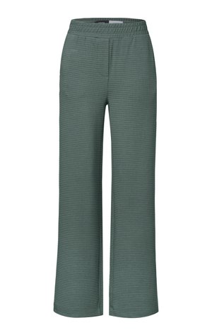 Pantalon vert à jambe large avec un motif texturé en côtes. Dispose d'une taille élastique et d'une coupe décontractée. Tissu léger, adapté pour un usage quotidien.