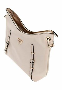 Borsa a tracolla in finta pelle beige chiaro con dettagli neri, accessori in oro, chiusura con zip e fasce decorative sui lati.
