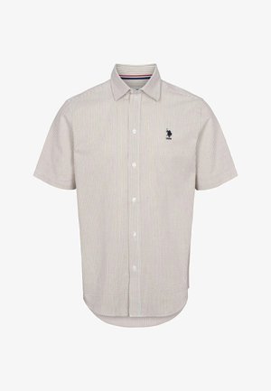 Cămașă cu mânecă scurtă, în bej deschis, cu dungi verticale subțiri. Are un guler deschis și un logo bleumarin pe piept.