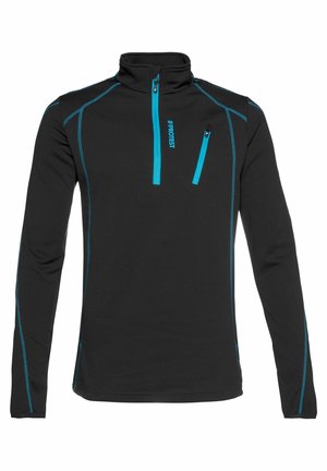 Zwarte fleece pullover met een half-ritskraag, contrasterende turquoise stiksels en een ritszak op de borst. Beschikt over lange mouwen en een gladde textuur.