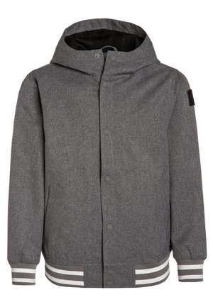 Szara kurtka z kapturem, zapinana z przodu na zatrzaski, z bocznymi kieszeniami oraz prążkowanymi mankietami i pasem w paski.