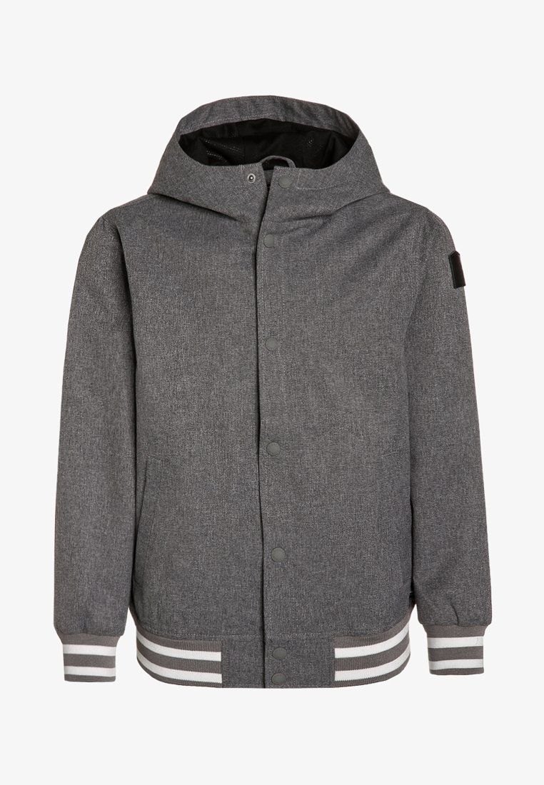 Veste à capuche grise avec boutons-pression à l'avant, poches latérales et poignets et ourlet côtelés rayés.