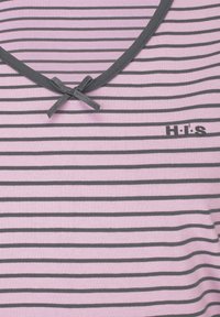 Pink and dark gray striped fabric with dark gray neckline trim and small bow at the collar, featuring a small "H.I.S" logo on the right side.