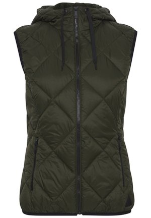 Quiltad väst i mörkgrön med huva, framsida dragkedja och sidofickor. Har en kontrasterande svart kant och diamantmönster på tyget.