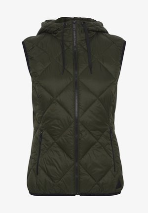 Gilet trapuntato di colore verde scuro con cappuccio, zip frontale e tasche laterali. Presenta un bordo a contrasto nero e un motivo a rombi sul tessuto.