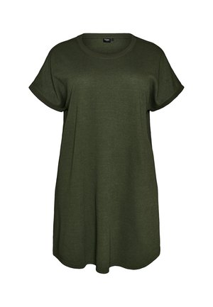 Lühikeste varrukatega oliiviroheline vabaaja kleit ümara kaeluse ja lahtise lõikega valgel taustal.