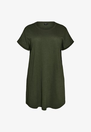 Lühikeste varrukatega oliiviroheline vabaaja kleit ümara kaeluse ja lahtise lõikega valgel taustal.