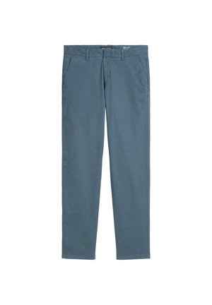 Light blue cotton trousers with a straight cut, featuring front pockets and a smooth texture, suitable for casual wear.