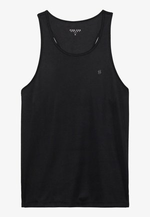 Schwarzes Tanktop mit rundem Ausschnitt und ärmellosem Design. Aus weichem Stoff gefertigt, mit einem kleinen Logo auf der linken Brust und sauberem Nähen.