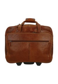Brown leather laptop bag featuring dual handles, a front zip pocket, and four protective feet. Smooth texture with subtle grain pattern.