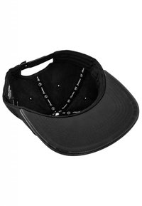 Black cap with a flat brim, made from textured material. Inside features a soft lining and multiple ventilation holes. Adjustable strap included.