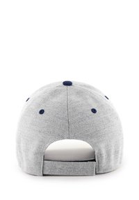 Grey baseball cap with a solid navy blue button and eyelets, featuring a flat brim and an adjustable strap at the back.