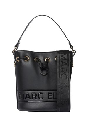 Sac seau en cuir noir avec œillets dorés, poignée courte et large bandoulière embossée du texte "MARC ELLIS".