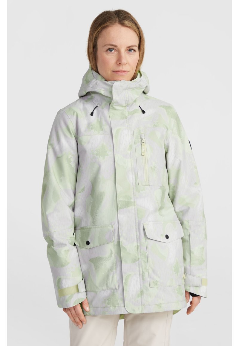 Lightweight jacket in pale green and white camo pattern. Features a hoodie, two front pockets, and a zippered chest pocket. Waterproof material.