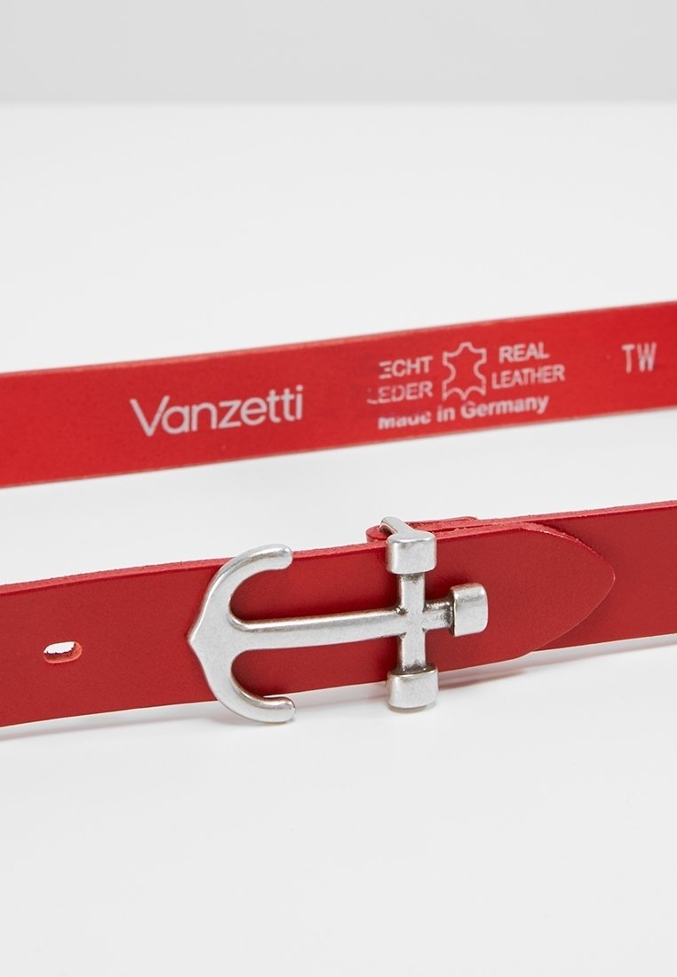 Ceinture en cuir rouge avec boucle argentée en forme d'ancre, marque Vanzetti, étiquetée cuir véritable et fabriquée en Allemagne.