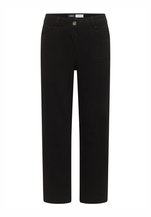 Musta puuvillaiset housut, joissa on suorat lahkeet, nappikiinnitys, etutaskut ja hillityt ompeleiden yksityiskohdat.